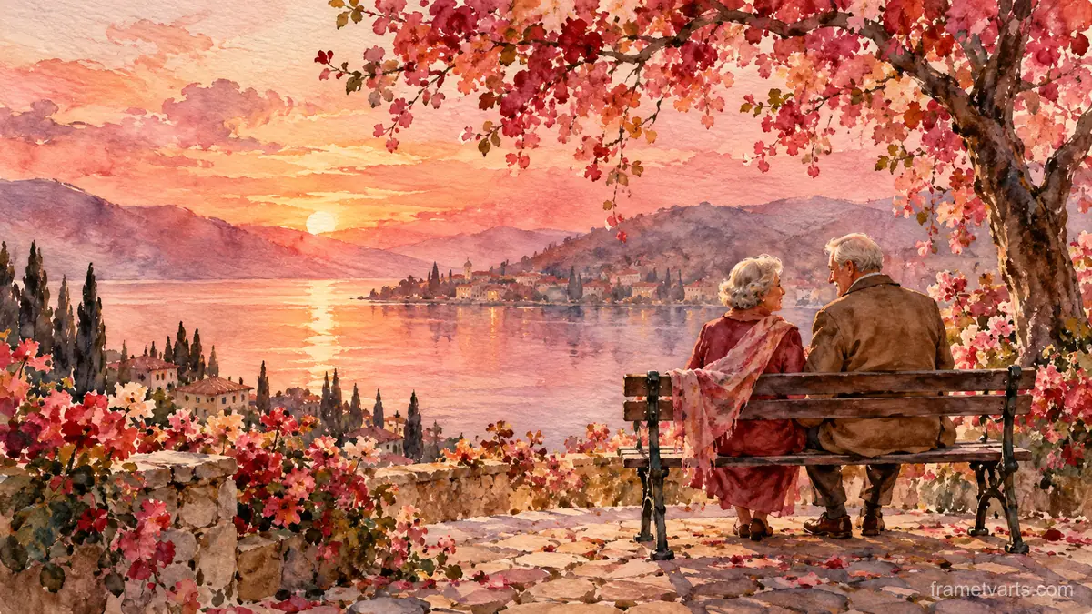 Valentine elderly couple holding hands on a park bench – loose watercolor Samsung Frame TV art, 4K