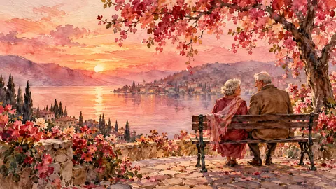 Valentine elderly couple holding hands on a park bench – loose watercolor Frame TV art