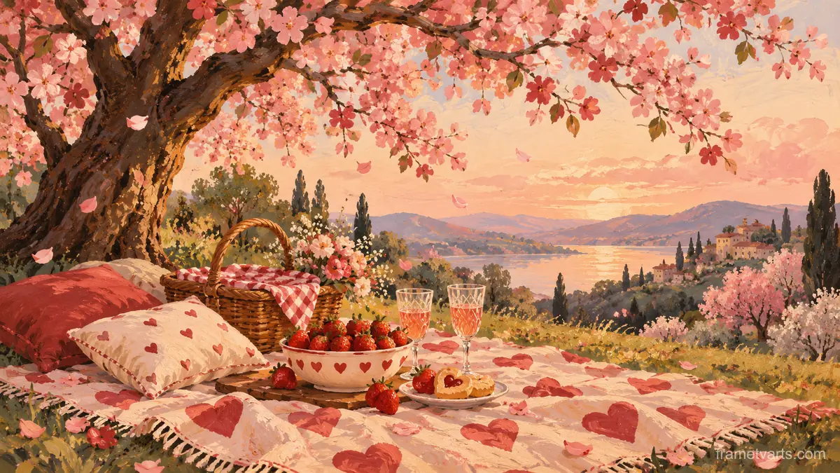 Valentine picnic blanket with strawberries under a cherry tree – storybook gouache Samsung Frame TV art, 4K