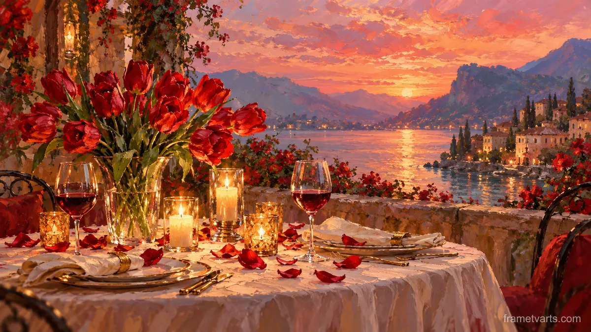 Valentine candlelit dinner table with red tulips – atmospheric oil painting Samsung Frame TV art, 4K