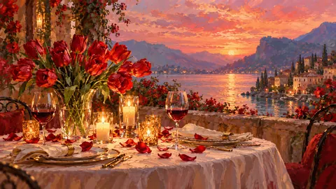 Valentine candlelit dinner table with red tulips – atmospheric oil painting Frame TV art