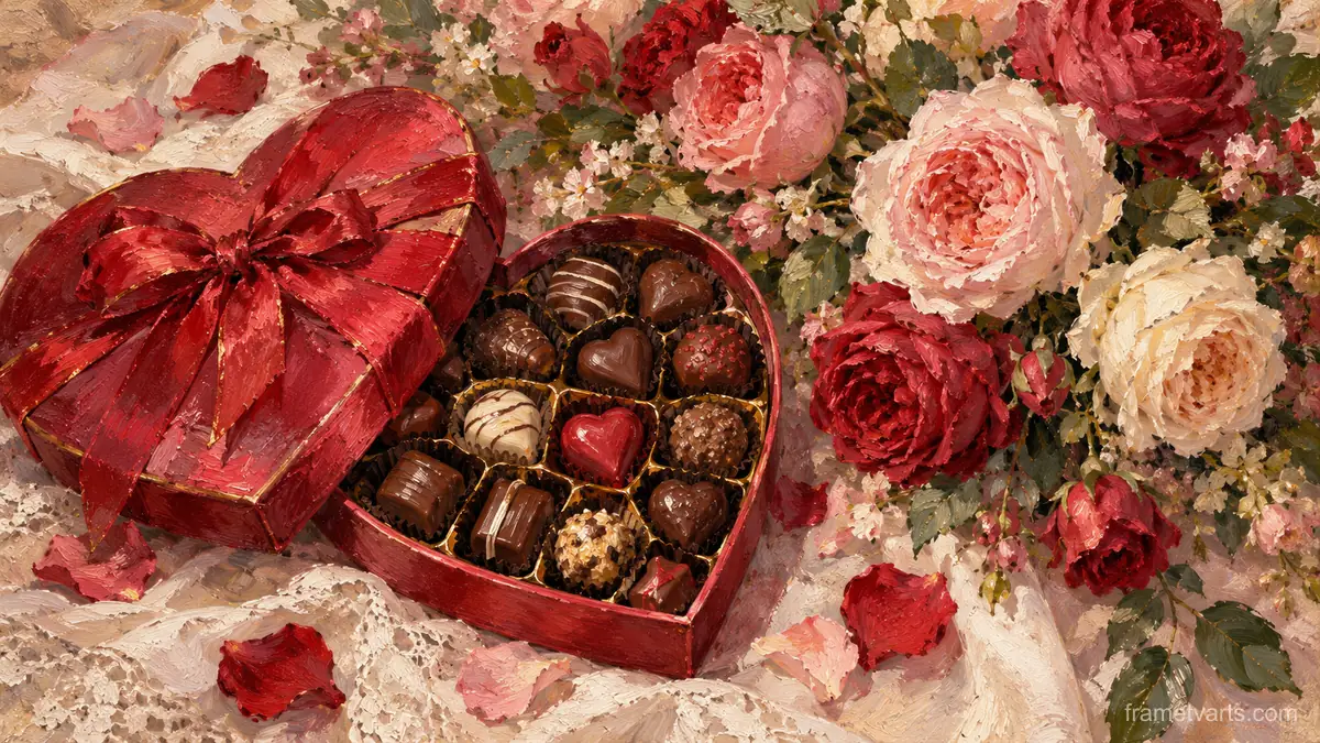 Valentine box of chocolates beside garden roses – tonal oil painting Samsung Frame TV art, 4K