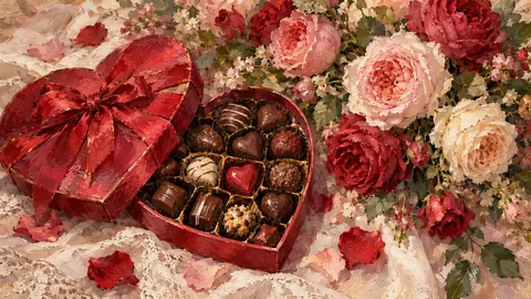 Valentine box of chocolates beside garden roses – tonal oil painting Frame TV art
