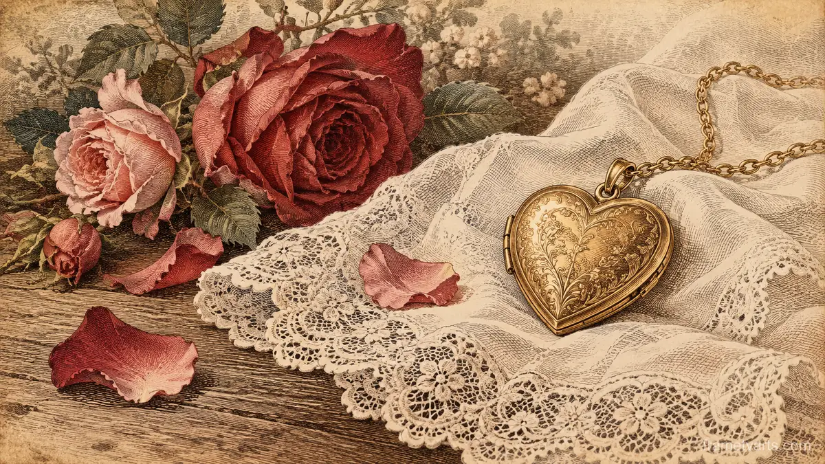Valentine heart-shaped locket on a lace handkerchief – vintage plate engraving Samsung Frame TV art, 4K