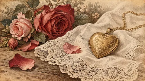 Valentine heart-shaped locket on a lace handkerchief – vintage plate engraving Frame TV art