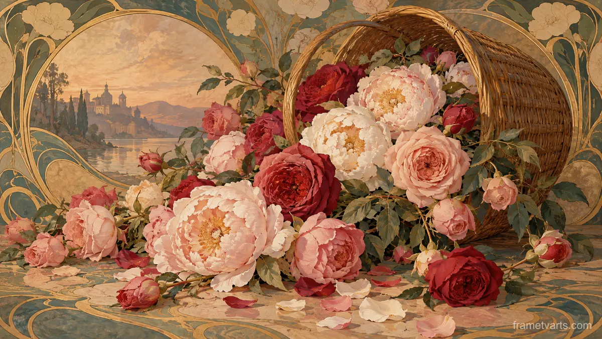 Valentine roses and peonies tumbling from a basket – decorative art nouveau painting Samsung Frame TV art, 4K