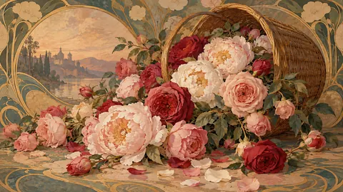 Valentine roses and peonies tumbling from a basket – decorative art nouveau painting Frame TV art
