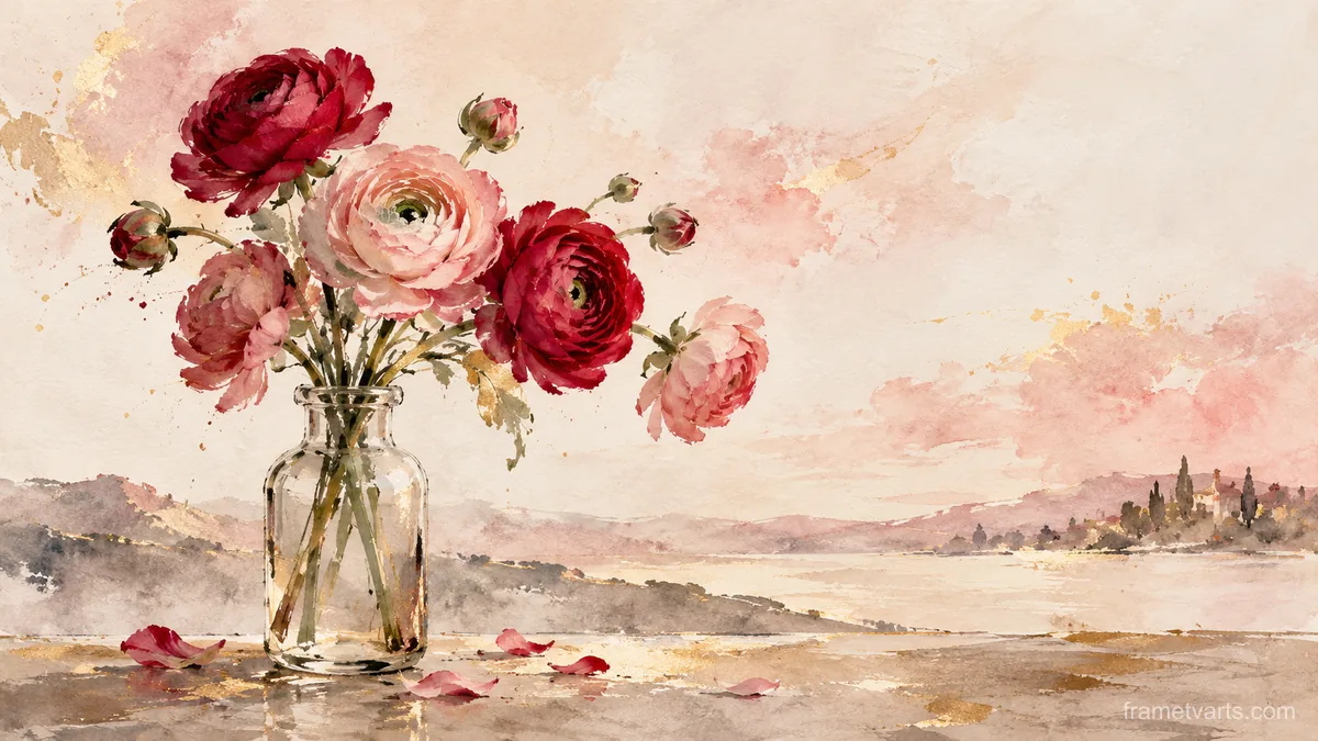 Valentine ranunculus in a glass bottle – minimal ink and wash Samsung Frame TV art, 4K