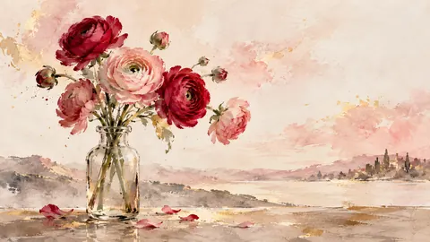Valentine ranunculus in a glass bottle – minimal ink and wash Frame TV art