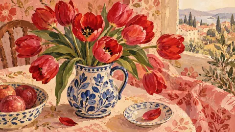 Valentine red tulips in a blue-and-white jug – decorative folk gouache Frame TV art