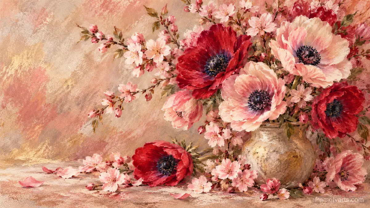 Valentine anemones and cherry blossom on linen – chalk pastel study Samsung Frame TV art, 4K