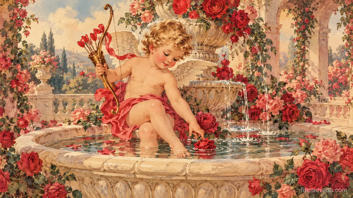Valentine cupid figure in a rose garden fountain – vintage valentine's card illustration Samsung Frame TV art, 4K