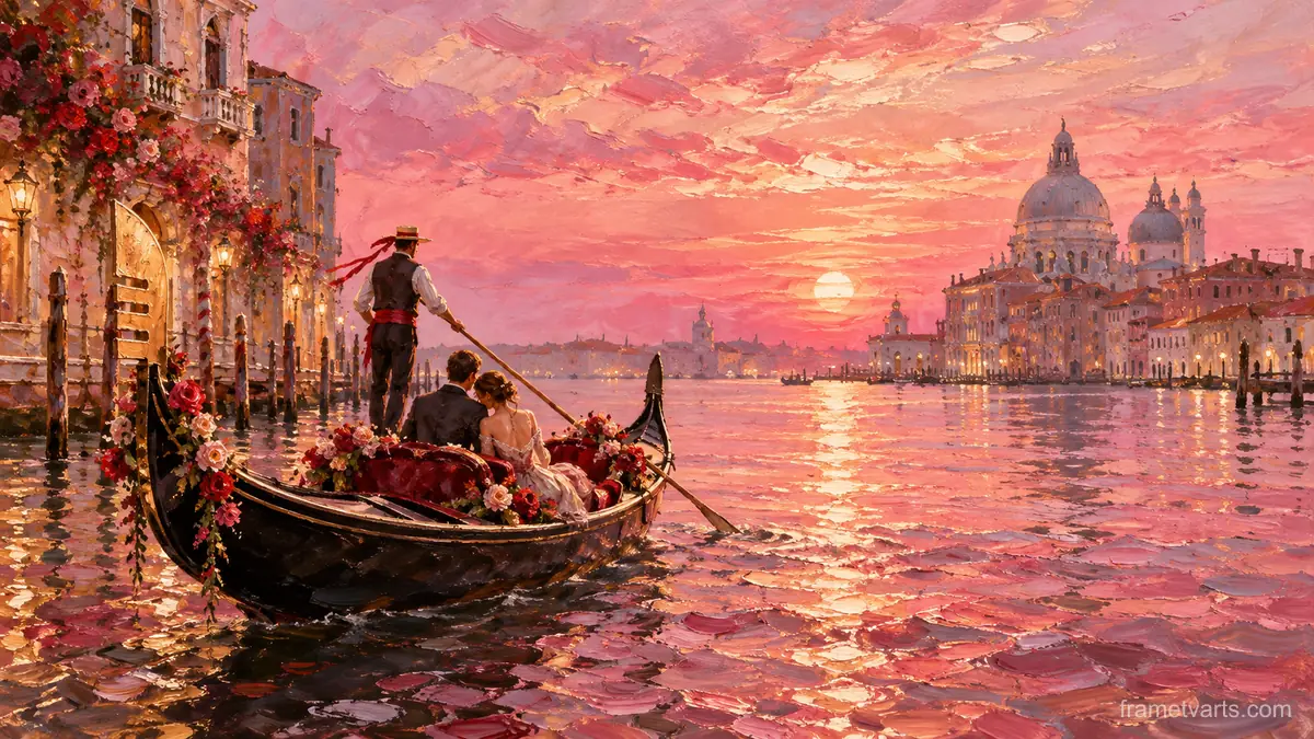 Valentine Venetian gondola under a pink sunset – impressionist oil painting Samsung Frame TV art, 4K