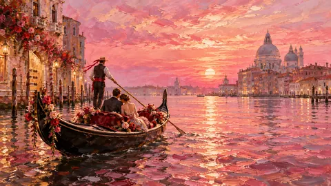 Valentine Venetian gondola under a pink sunset – impressionist oil painting Frame TV art