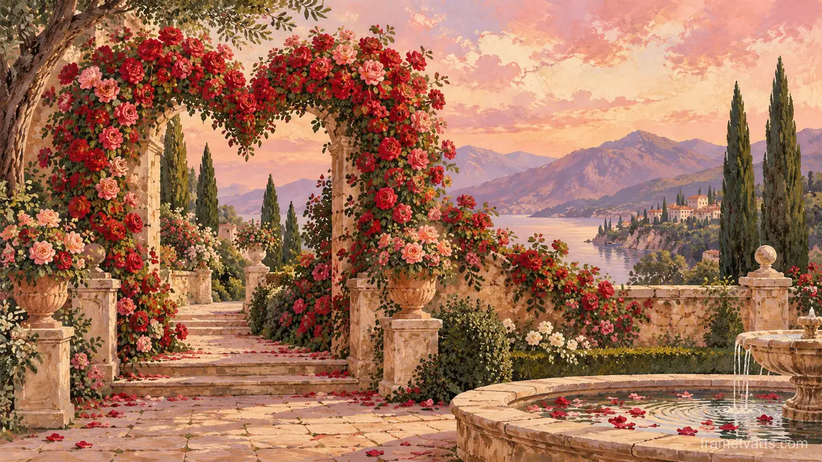 Valentine heart-shaped rose arch in a walled garden – storybook gouache Samsung Frame TV art, 4K