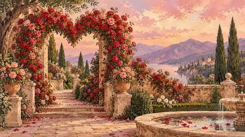 Valentine heart-shaped rose arch in a walled garden – storybook gouache Frame TV art