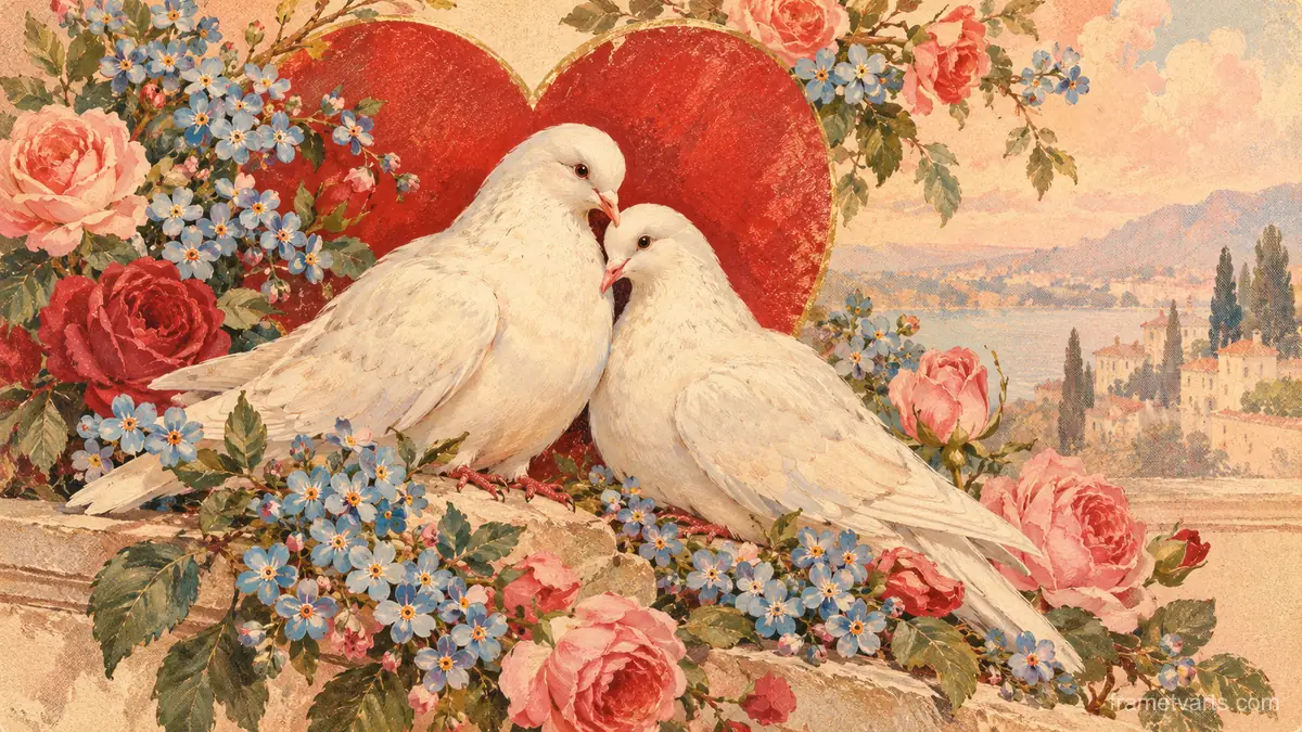 Valentine vintage card of doves and forget-me-nots – vintage valentine's card illustration Samsung Frame TV art, 4K