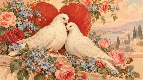 Valentine vintage card of doves and forget-me-nots – vintage valentine's card illustration Frame TV art