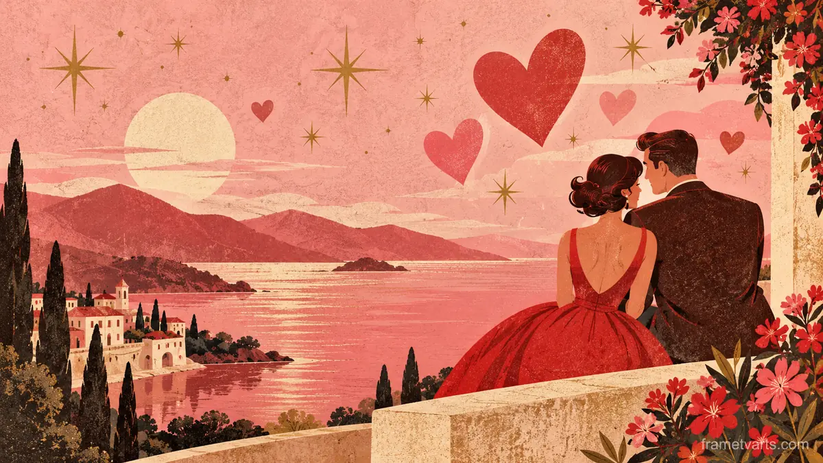 Valentine retro hearts and stars in pink and red – retro mid-century illustration Samsung Frame TV art, 4K