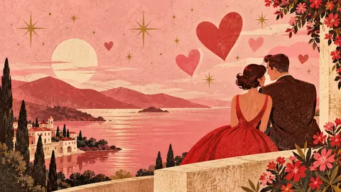 Valentine retro hearts and stars in pink and red – retro mid-century illustration Frame TV art