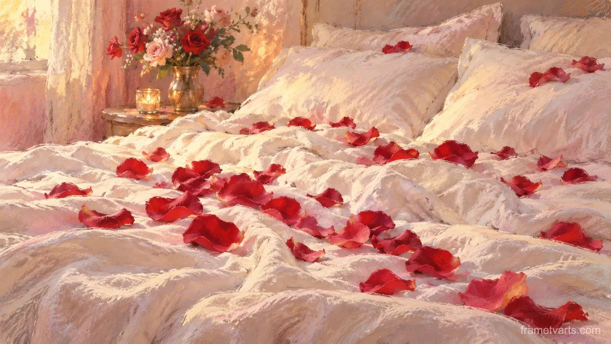 Valentine rose petals scattered on a white bed – soft pastel drawing Samsung Frame TV art, 4K