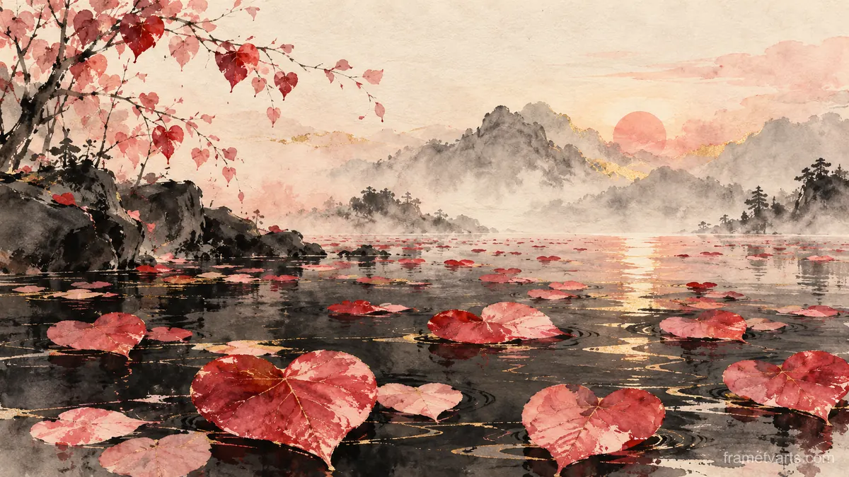 Valentine heart-shaped leaves on a dark pond – zen sumi-e ink wash Samsung Frame TV art, 4K