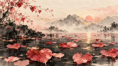 Valentine heart-shaped leaves on a dark pond – zen sumi-e ink wash Frame TV art