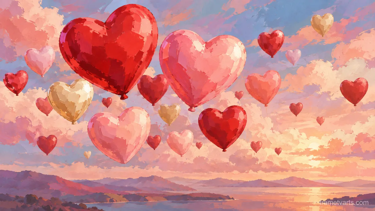 Valentine red and pink heart-shaped balloons in a soft sky – modern color-block figurative painting Samsung Frame TV art, 4K