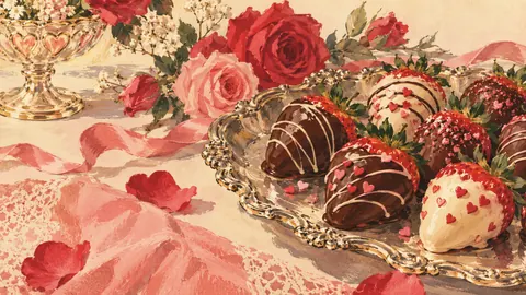Valentine strawberries dipped in chocolate on a silver tray – vintage valentine's card illustration Frame TV art