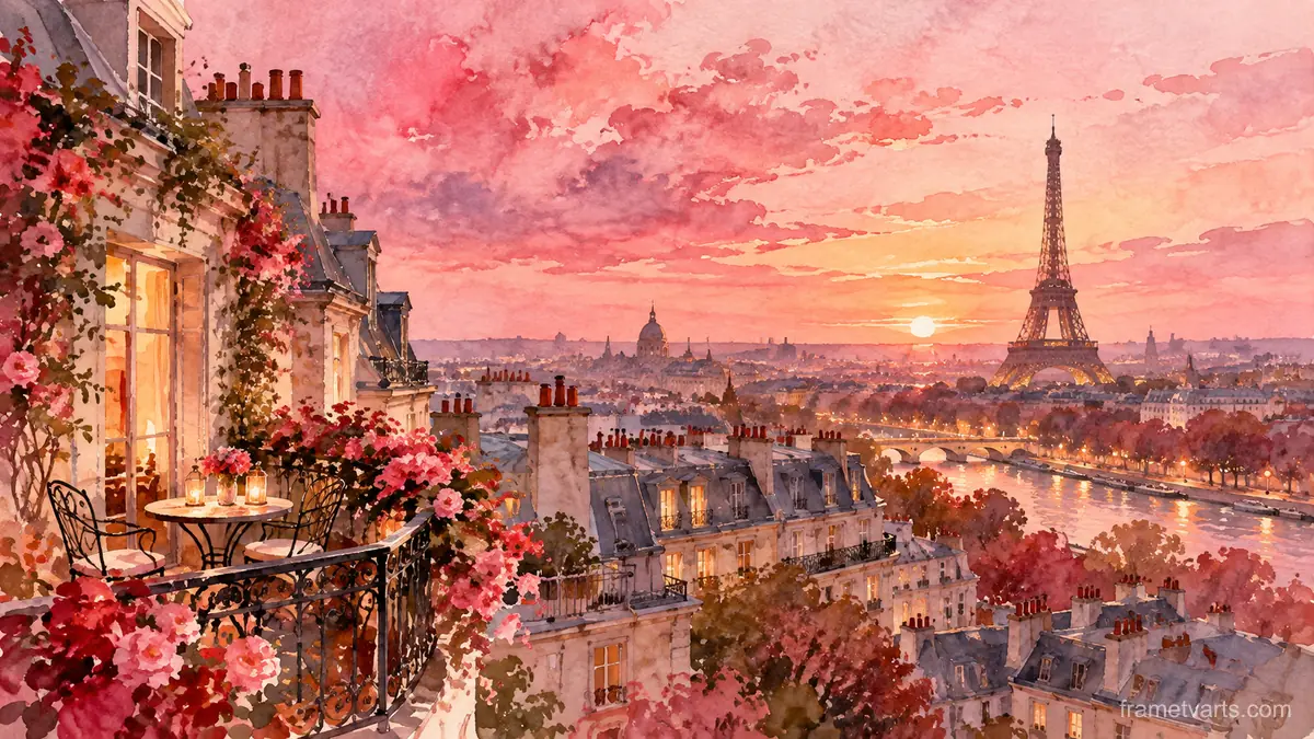 Valentine Paris rooftops in rose-pink dusk – loose watercolor Samsung Frame TV art, 4K