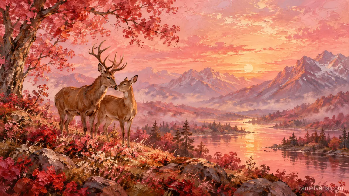 Valentine deer pair nuzzling in a pink-lit clearing – atmospheric oil painting Samsung Frame TV art, 4K