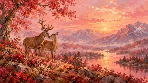 Valentine deer pair nuzzling in a pink-lit clearing – atmospheric oil painting Frame TV art