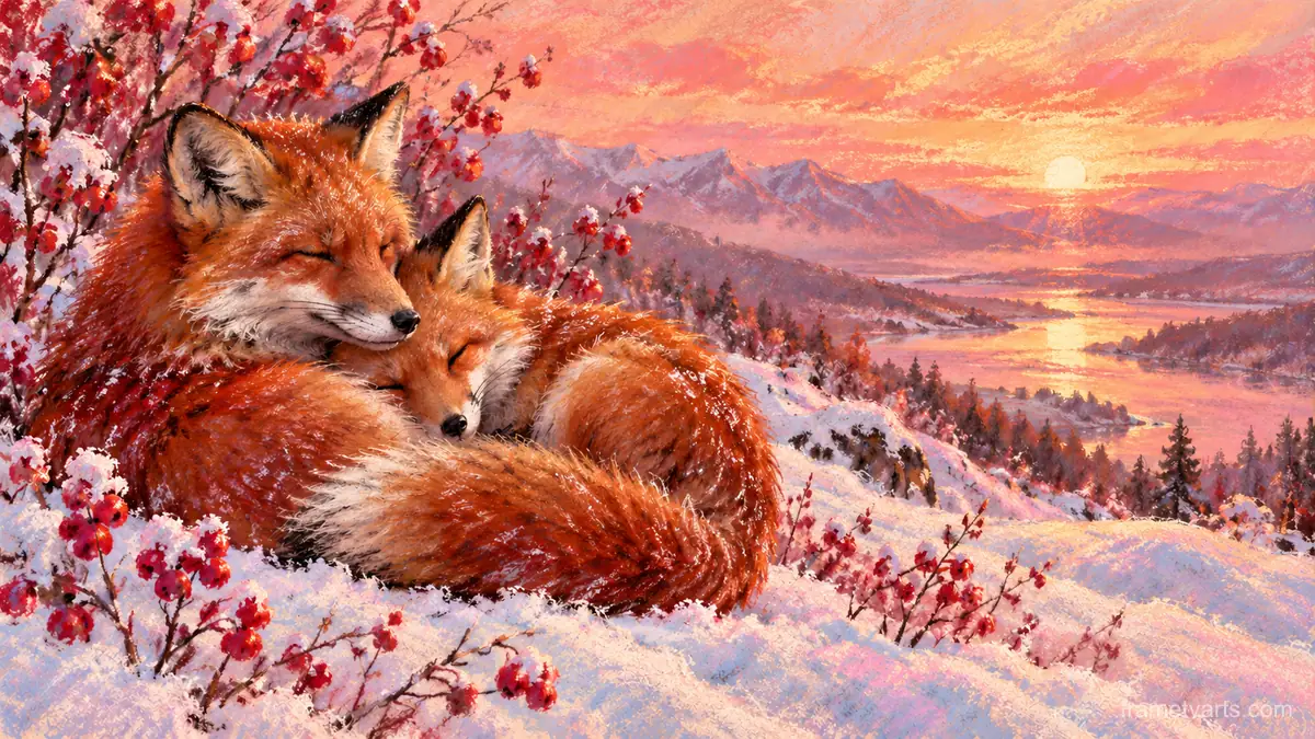 Valentine fox pair curled together in snow – chalk pastel study Samsung Frame TV art, 4K