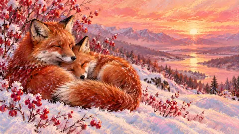 Valentine fox pair curled together in snow – chalk pastel study Frame TV art