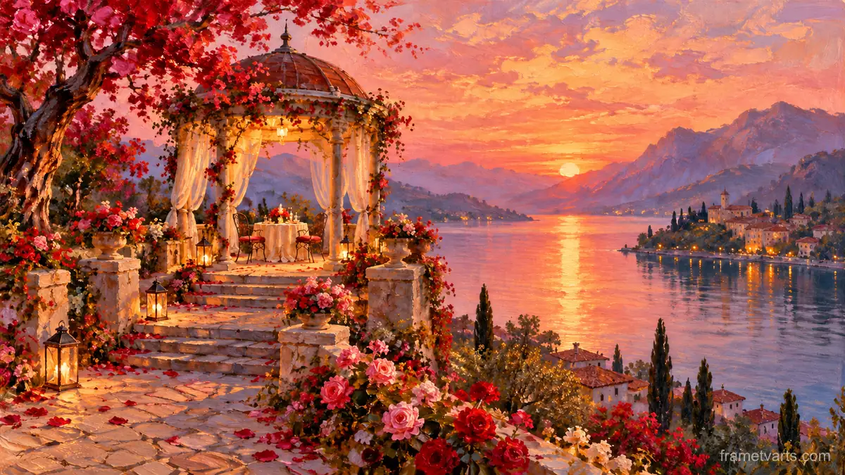 Valentine romantic lakeside gazebo at dusk – impressionist oil painting Samsung Frame TV art, 4K