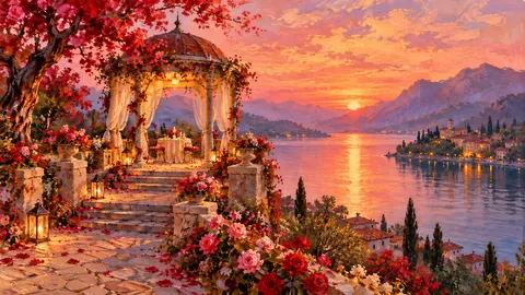 Valentine romantic lakeside gazebo at dusk – impressionist oil painting Frame TV art