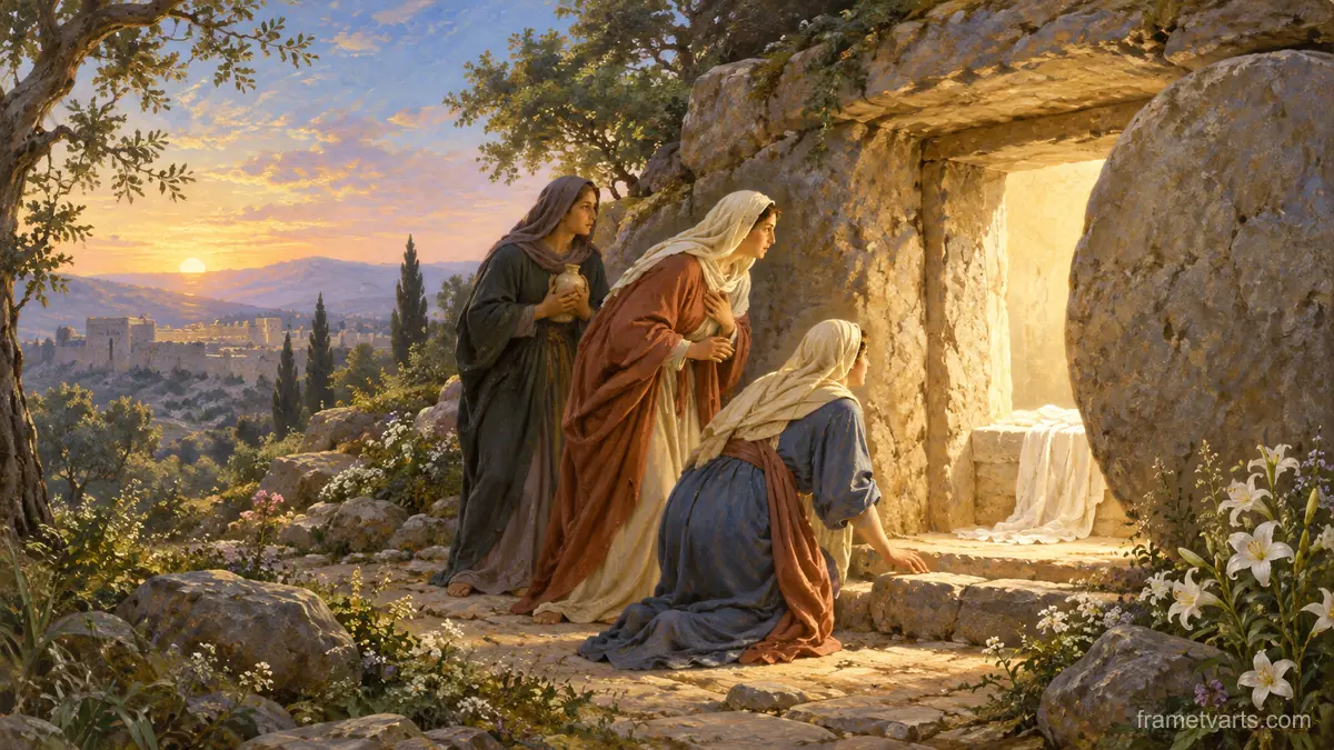 Easter morning empty tomb with the stone rolled away – classical devotional oil painting Samsung Frame TV art, 4K