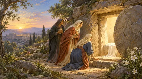 Easter morning empty tomb with the stone rolled away – classical devotional oil painting Frame TV art
