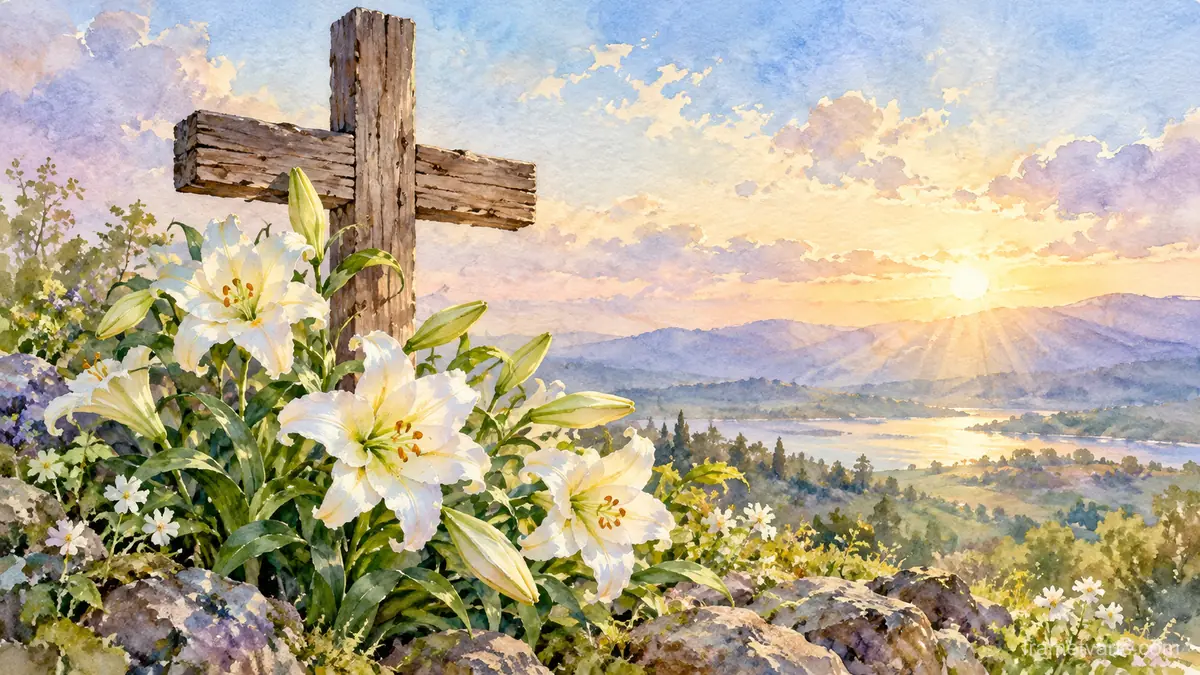 Easter lilies before a simple wooden cross – botanical watercolor Samsung Frame TV art, 4K