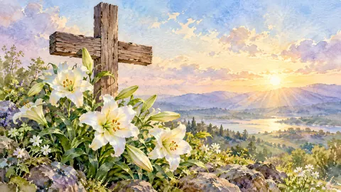 Easter lilies before a simple wooden cross – botanical watercolor Frame TV art