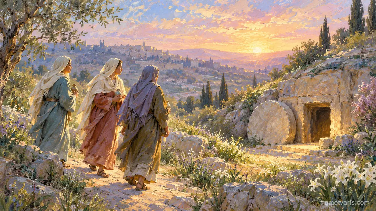 Easter women walking to the garden tomb at dawn – impressionist oil painting Samsung Frame TV art, 4K