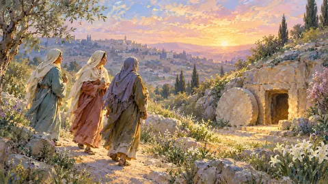 Easter women walking to the garden tomb at dawn – impressionist oil painting Frame TV art