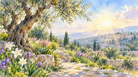 Easter garden with an olive tree and morning light – loose watercolor Frame TV art