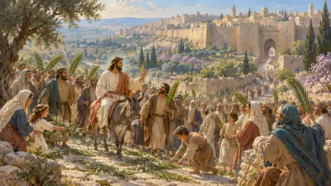 Easter procession of branches laid on an old road into a walled city – tonal oil painting Frame TV art