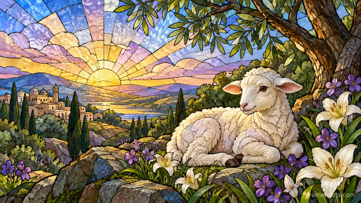 Easter lamb resting before a sunrise – luminous stained glass design Samsung Frame TV art, 4K