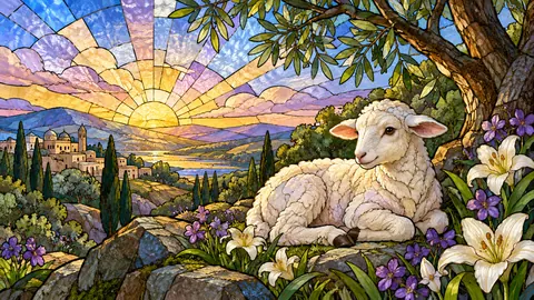 Easter lamb resting before a sunrise – luminous stained glass design Frame TV art