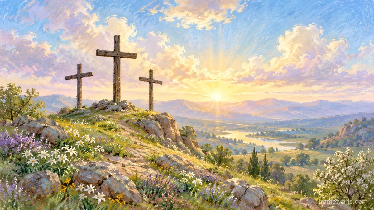 Easter hilltop of three crosses beneath spring clouds – soft pastel drawing Samsung Frame TV art, 4K