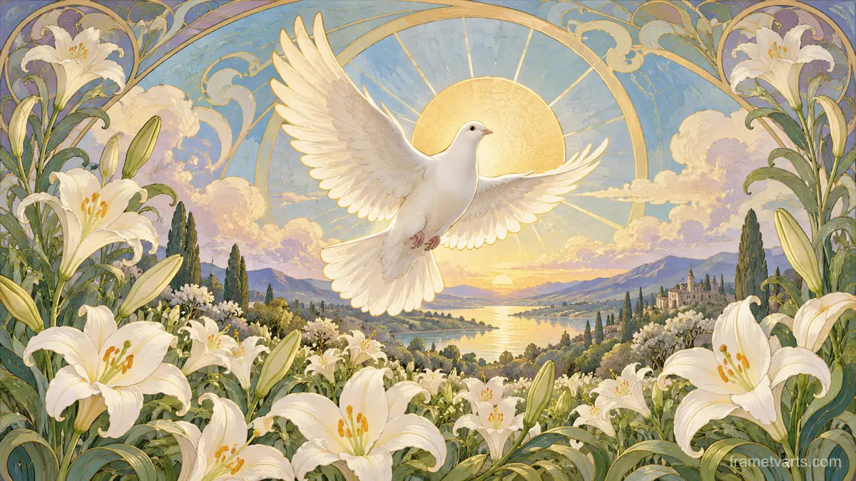 Easter dove rising from a field of white lilies – decorative art nouveau painting Samsung Frame TV art, 4K
