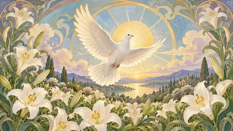 Easter dove rising from a field of white lilies – decorative art nouveau painting Frame TV art