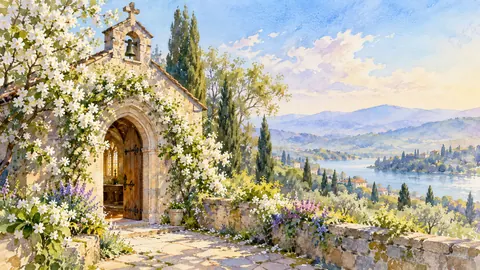 Easter chapel doorway framed in white blossom – elegant watercolor Frame TV art